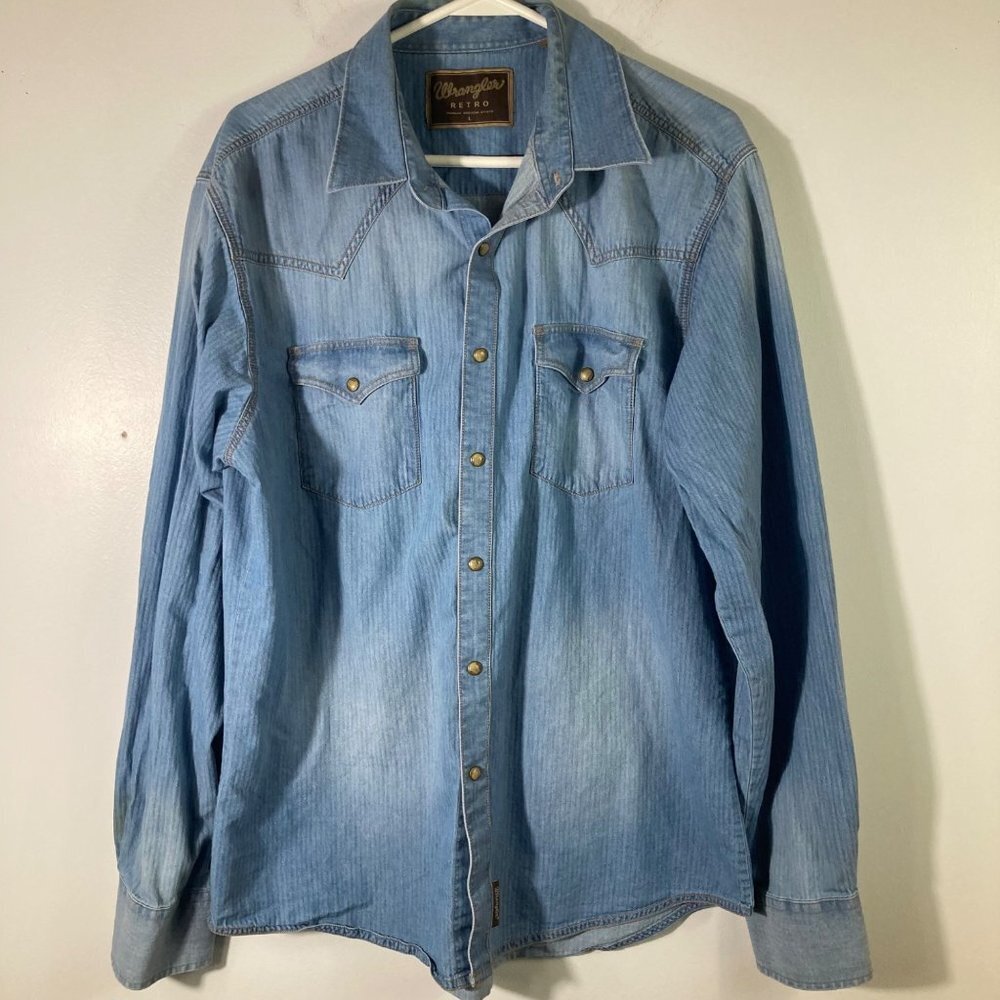 Mens Wrangler Retro Western Pearl Snap Denim Shirt L Blue Cotton